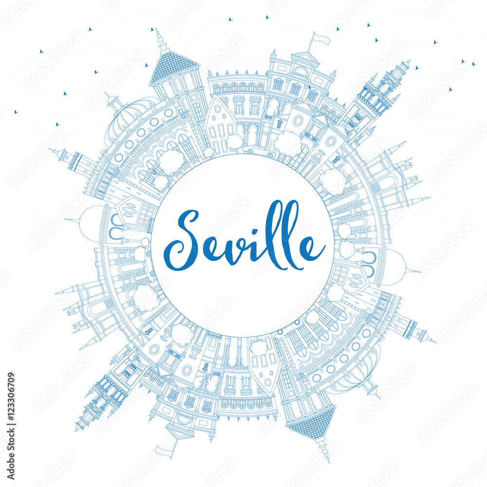 Fototapeta premium Zarys panoramę Sewilli z niebieskimi budynkami i miejscem na kopię.