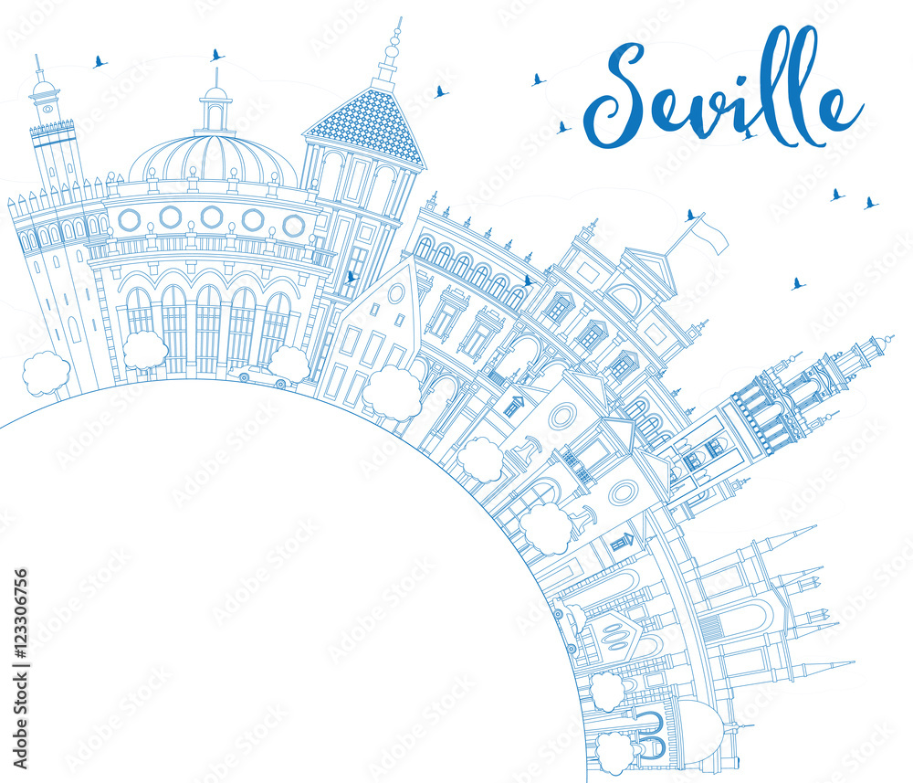 Obraz premium Outline Seville Skyline with Blue Buildings and Copy Space.