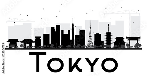 Tokyo City skyline black and white silhouette.