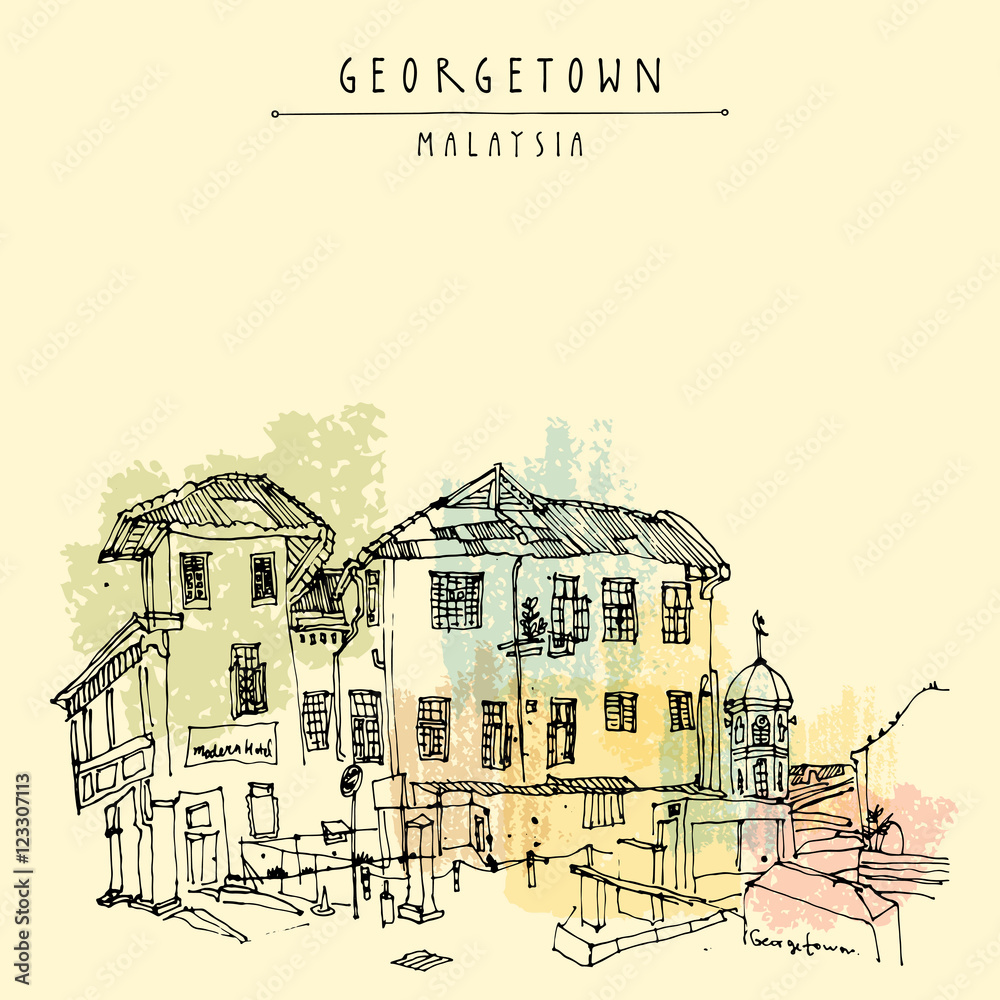 Cozy colonial building and a mosque in old historical part of Georgetown, Penang, Malaysia, Southeast Asia. Eclectic style Hand drawing. Travel sketch. Book illustration, postcard or poster in vector
