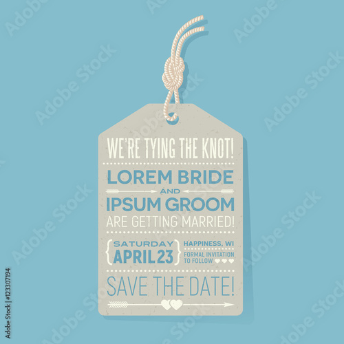 save the date wedding card. typography design tag with knotted cord.