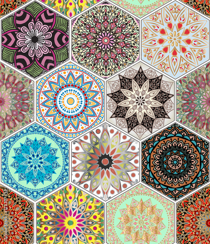 Oriental seamless pattern in style of colorful floral patchwork boho chic with mandala in hexagon elements