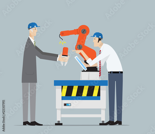 Industry 4.0 Factory Automation Concept. Engineers fixing robot hand problem..