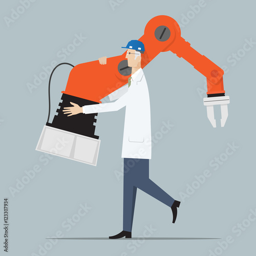 Industry 4.0 Factory Automation Concept. Engineer carrying robot hand..