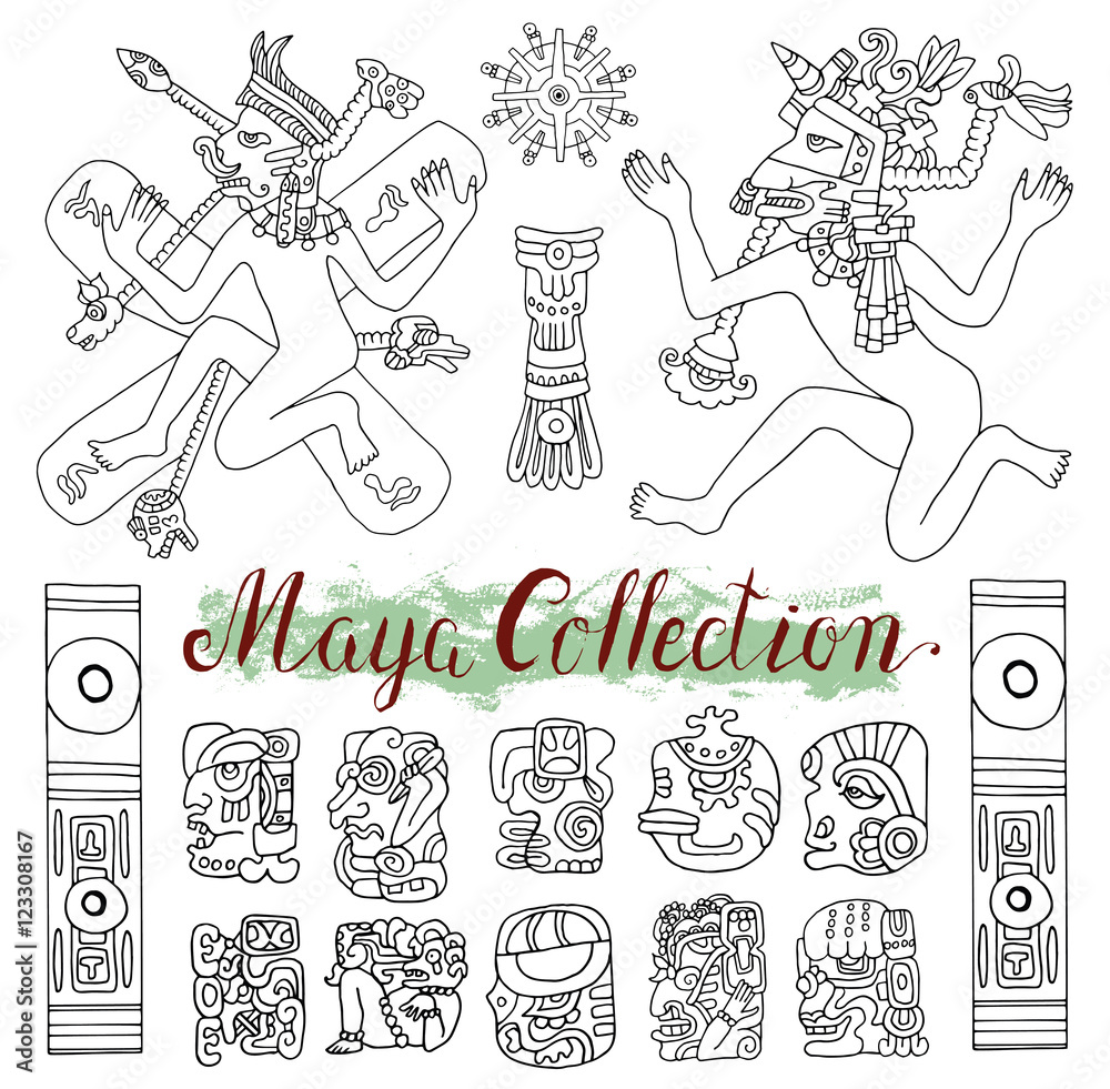 Vintage set with tribal maya symbols, people and ethnic patterns