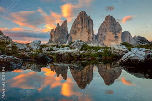 Tre Cime di Lavaredo at beautiful sunrise, Italy, Europe photo