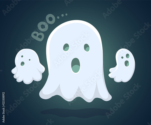 Vector halloween illustration of white flying three ghosts with
