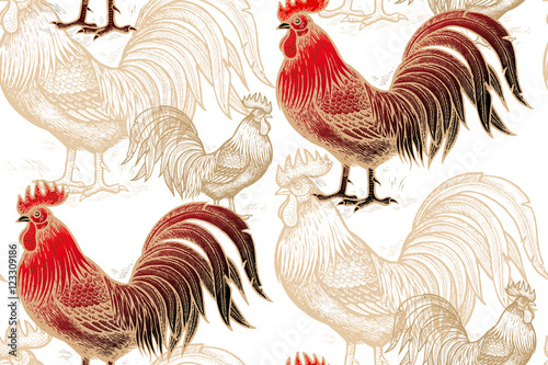 Seamless pattern with roosters.