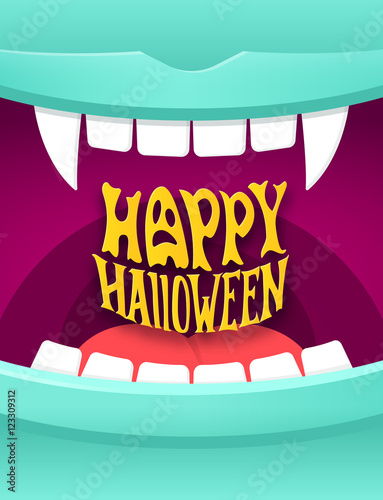 Happy Halloween cute cartoon illustration with open vampire mouth and modern typography. Halloween party poster vector background