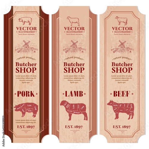 Butcher shop packaging design label fresh beef, pork, lamb