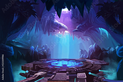 Fototapeta Mystery Cave z budynkiem Sci-Fi. Gra wideo w Digital CG, grafika, ilustracja koncepcja, realistyczne tło stylu Cartoon
