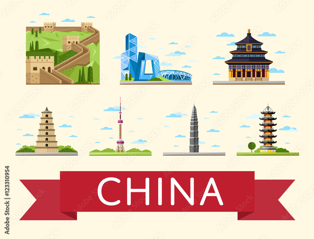 Naklejka premium China travel set of famous asian traditional and modern buildings on white background. Time to travel concept. Asian architecture in flat design. Worldwide traveling. China landmarks collection