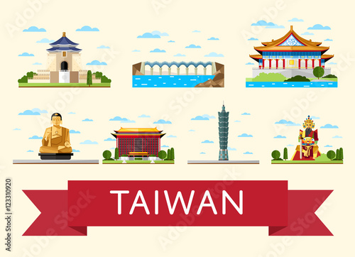 Taiwan travel set of famous asian attractions on white background, vector illustration. Time to travel concept. Asian architecture in flat design. Worldwide traveling. China landmarks collection