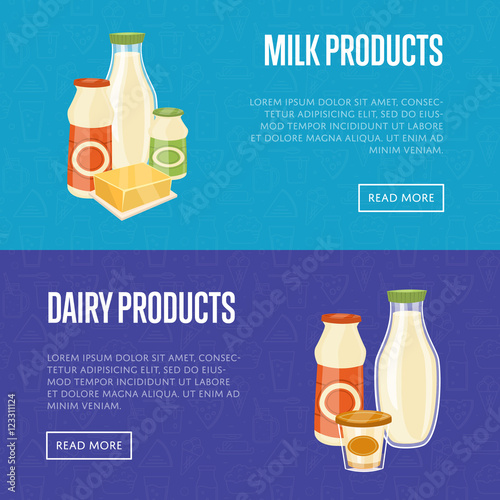 Milk and dairy products horizontal website templates with different dairy composition isolated on blue background, vector illustration. Natural healthy food. Organic farmers products.