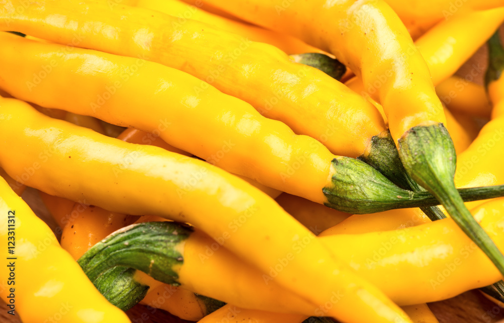 Yellow chili peppers closeup