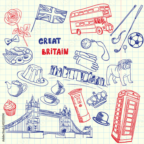 Great Britain associated symbols. English national, cultural, culinary, sportive, historical, architectural, animal, fashion related doodles drawn on squared paper vector set. Sketched with pen icons
