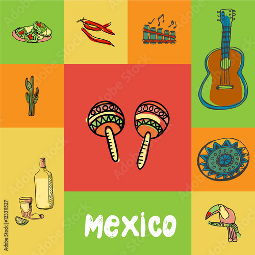 Mexico checkered concept in national colors. Maracas, guitar, folk flute, chilli pepper, burritos, cactus, tequila, toucan, ornament hand drawn vector icons. Country related doodle symbols and text