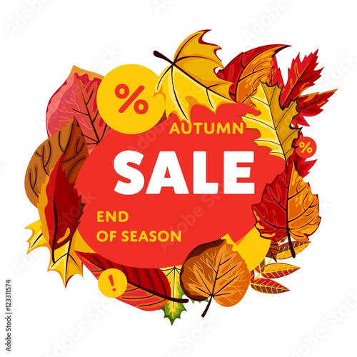 Autumn sale design template, vector illustration. End of season banner with colorful leaves on white background. Advertisement about autumnal discount. Business event concept. Flayer design for shop