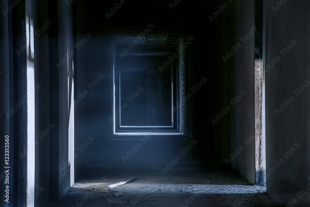 Creepy night walkway hallway in abandoned building Creepy night walkway hallway in abandoned building
