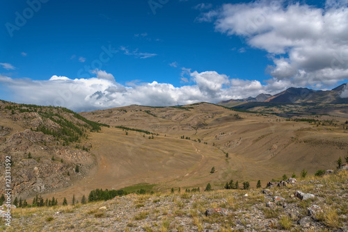 mountains valley forest clouds