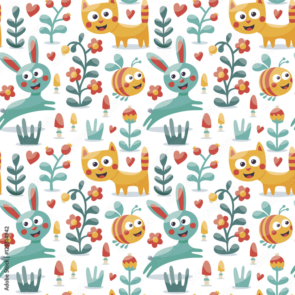 Seamless cute animal pattern made with cat, hare, rabbit, bee, flower, plant, leaf, berry, heart, friend, floral, kitten Seamless cute animal pattern made with cat, hare, rabbit, bee, flower, plant, leaf, berry, heart, friend, floral, kitten