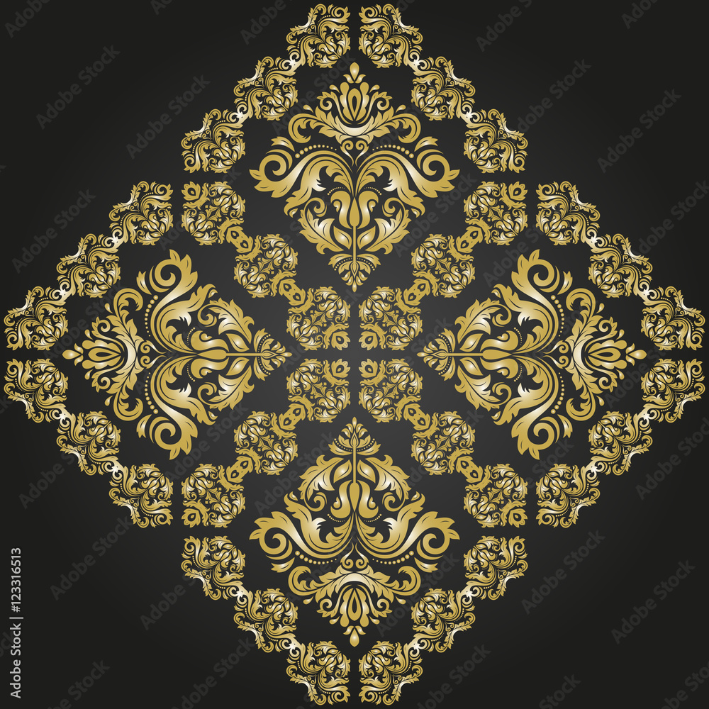 Oriental vector square golden pattern with arabesques and floral elements. Traditional classic ornament