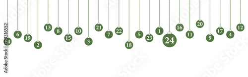 Adventkalender Karte mit hängenden Kugeln (in Grün)