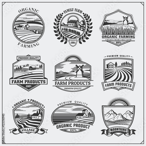 Vector illustration of retro landscapes. Farm fresh food labels, badges, emblems and design elements. Organic, ecology and bio natural design. Set of vintage premium quality labels.