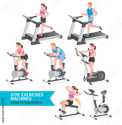 Gym exercises machines sports equipment. Vector Illustration.