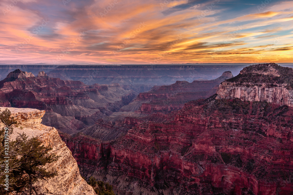 Sunset Over the Grand Canyon Seen from Bright Angel Point on North Rim of the Grand Canyon, Arizona