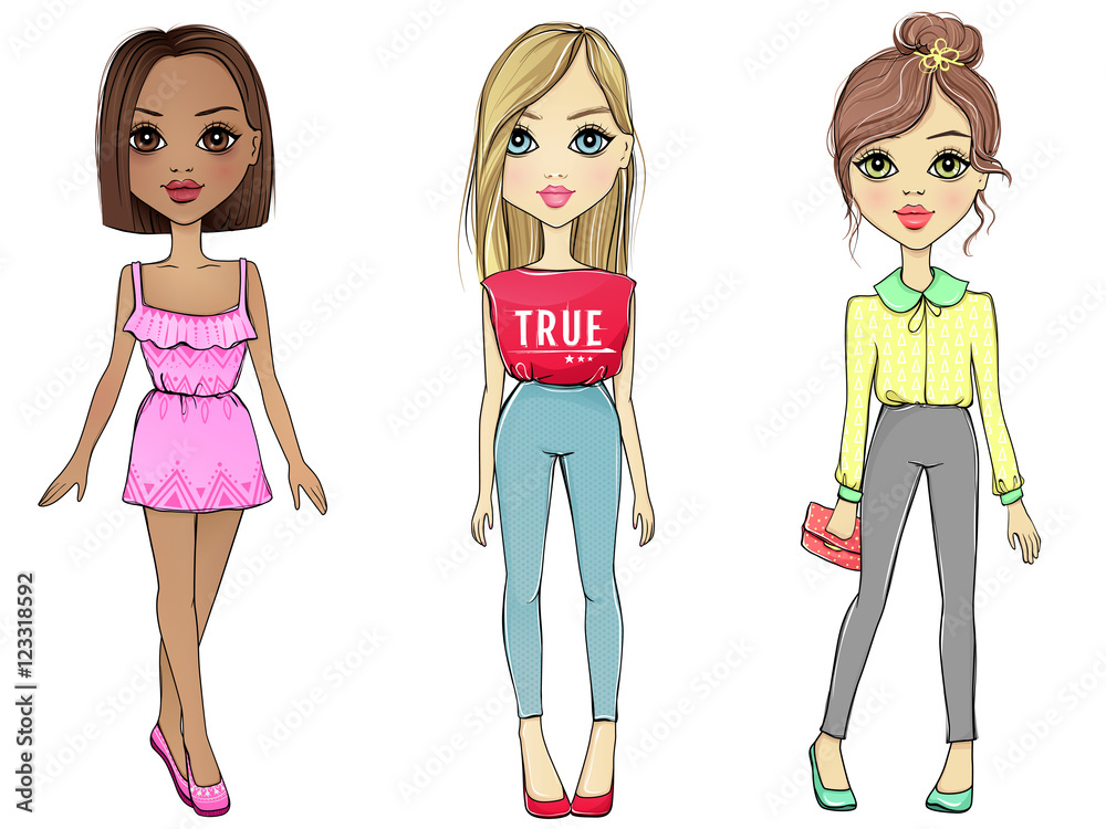 Set with vector beautiful fashionable girls. Cute    women. Stylish sketch illustration. Cartoon  drawn girls in   ,brunette and brown-haired Stock Vector | Adobe  Stock