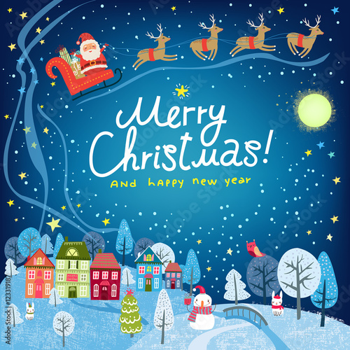 Wallpaper Mural Christmas background. Landscape with town houses and Santa Claus Torontodigital.ca