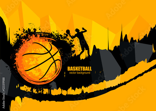 Design banner template for basketball. The poster in grunge style with the player. Geometric, polygon background. Fiery ball. EPS file is layered.