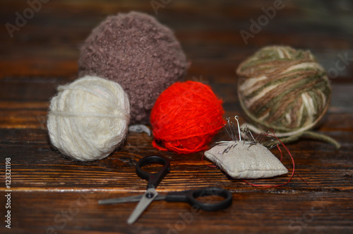 thread, scissors, crafts, on a wooden table