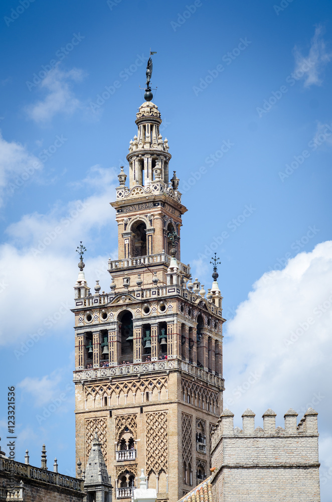 Giralda Tower is a famous landmark in the city of Seville, Spain