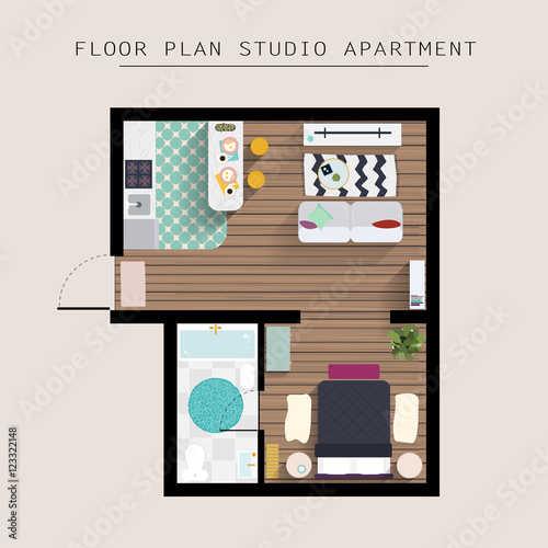 Detailed apartment furniture overhead top view. Studio Apartment
