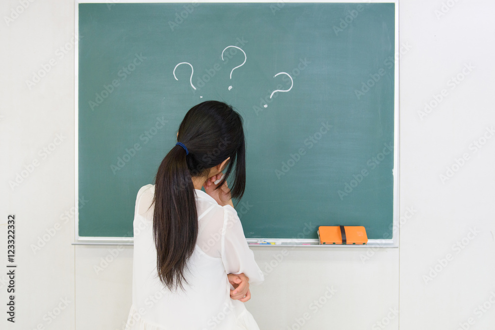 Girl and Question mark written on the chalkboard Girl and Question mark written on the chalkboard