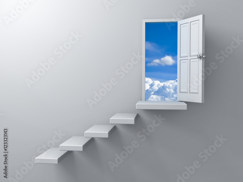 Opened door to blue sky and stair on empty white wall background with shadow 3D rendering