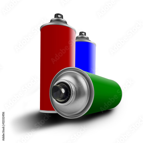 three colored cans, red, green and blue
