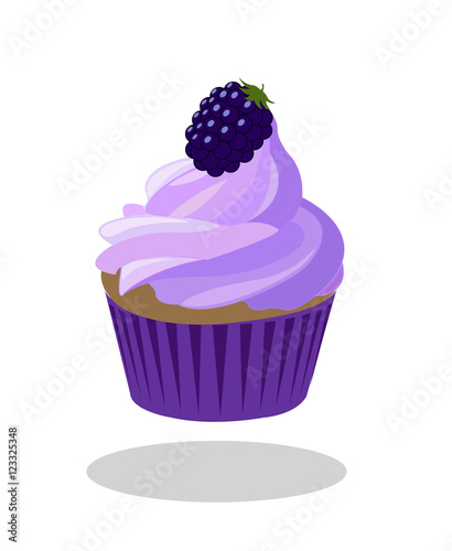 Blackberry cupcake with berry and purple violet paper case. Vector isolated.