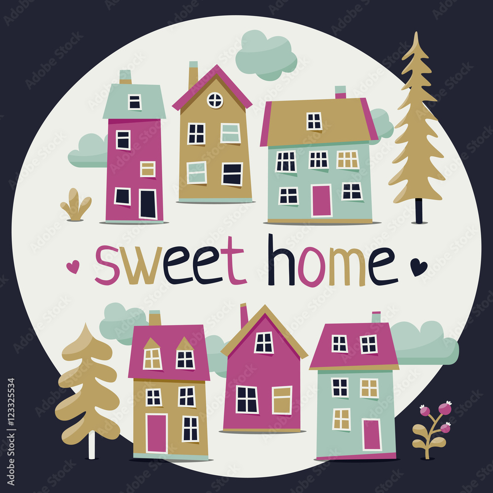 Cute set of houses with trees and clouds Cute set of houses with trees and clouds