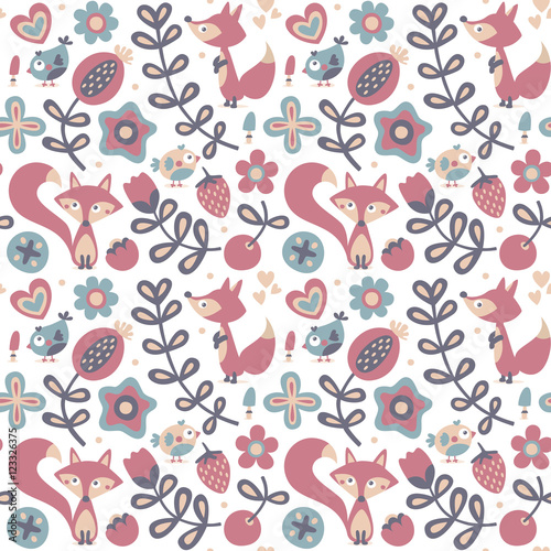 Seamless cute spring floral pattern made with flowers, fox, birds, plants, strawberry, cherry, berries, leaves, nature, summer