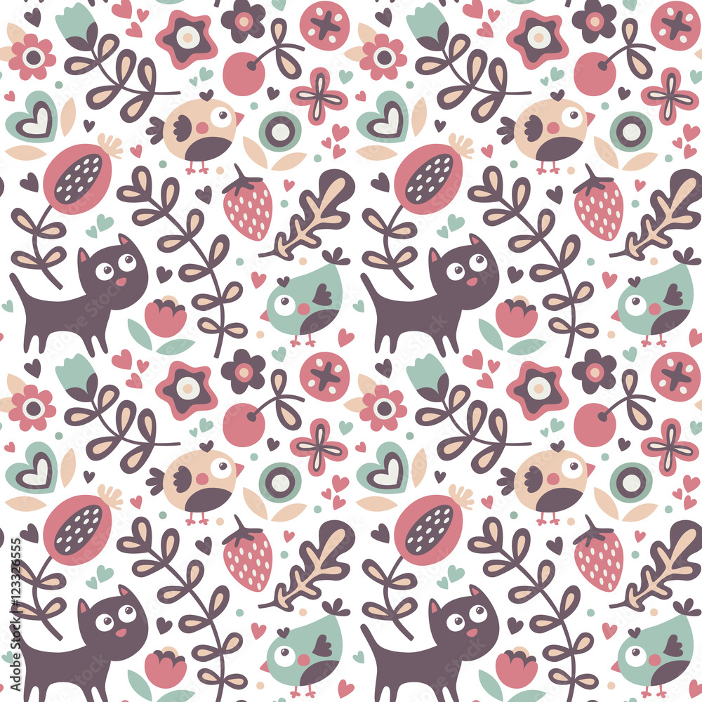 Seamless cute animal pattern made with cat, bird, flower, plant, leaf, berry, heart, friend, floral, nature