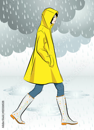 Beautiful girl wearing yellow raincoat walking in the rain