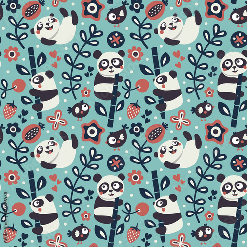 Seamless cute pattern with Panda and bamboo, plants, jungle, bird, berry, flowers