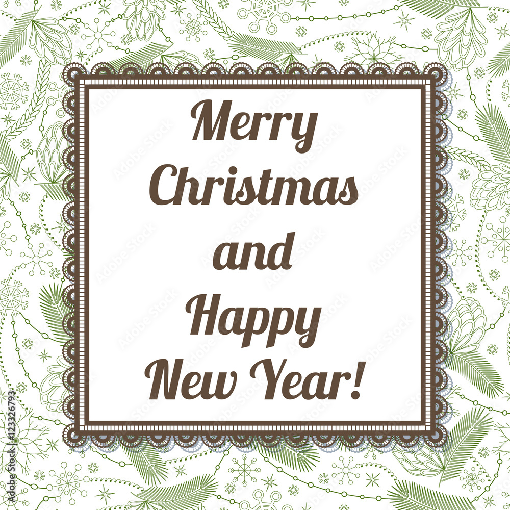Merry Christmas and happy new year card on cones pattern Merry Christmas and happy new year card on cones pattern