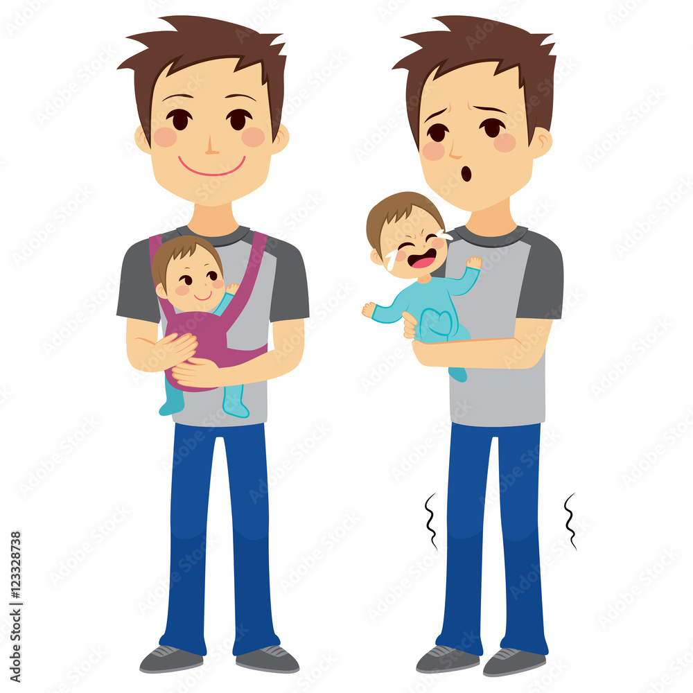 Father on two different actions holding baby with baby carrier and holding baby while is crying