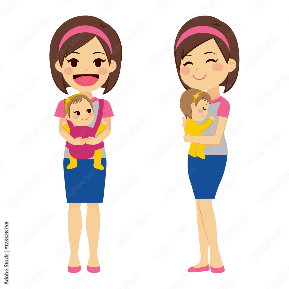 Mother on two different actions holding baby with baby carrier and with arms while baby is sleeping Mother on two different actions holding baby with baby carrier and with arms while baby is sleeping