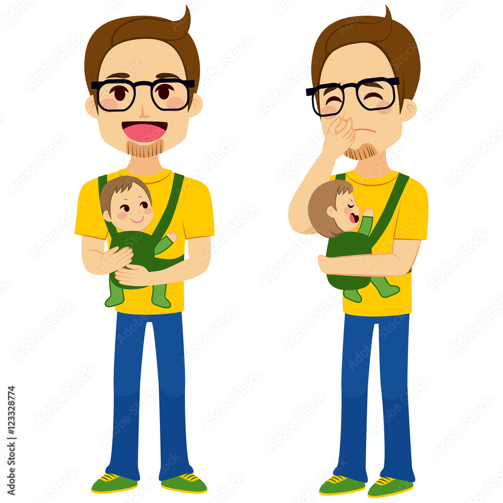 Father on two different poses holding baby with baby carrier and holding upset baby while covers nose with hand showing bad smell from baby diaper