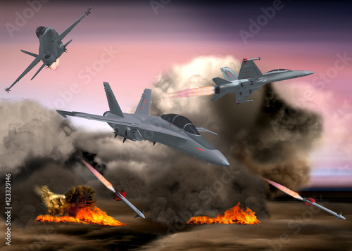 Obraz na płótnie Militär Kampfjets bombardieren, Raketenabschuß